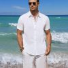 Linen Shirts for Men Short Sleeve Button Down Shirts Summer Beach Casual Linen Button Up Shirt Vacation Wedding
