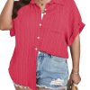 Women Plus Size Button Down Short Sleeve Shirts Collared Textured Summer Blouse Casual Tops with Pockets
