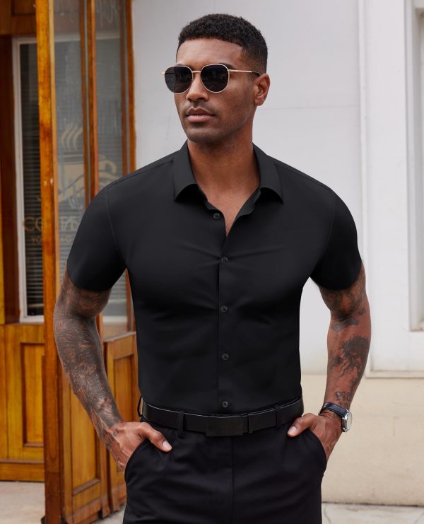 Stretch Dress Shirts for Men Short Sleeve Slim Fit Casual Button Down Shirts Muscle Fit Men's Dress Shirts
