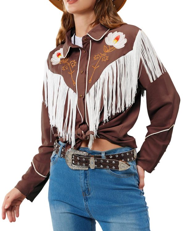 Women's Floral Embroidered Fringe Western Shirts Rodeo Cowgirl Button Down Blouse Tops Country Style Outfits