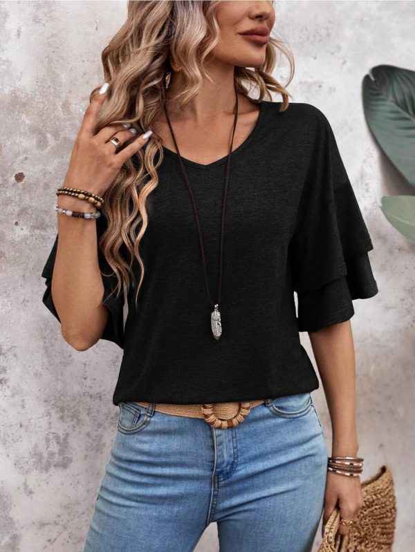 Womens Blouses Ruffle Short Sleeve T Shirts V Neck Double Tiered Bell Sleeve Top Spring Summer Fashion Clothes Cute Tunic