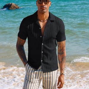 Men's Casual Button Down Shirts - Short Sleeve Summer Textured Beach Wrinkle-Free Shirts