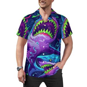 Mens Hawaiian Shark Shirts Short Sleeve Button Up Beach Summer Button Down Hawaiian Trippy Shirt for Men Women