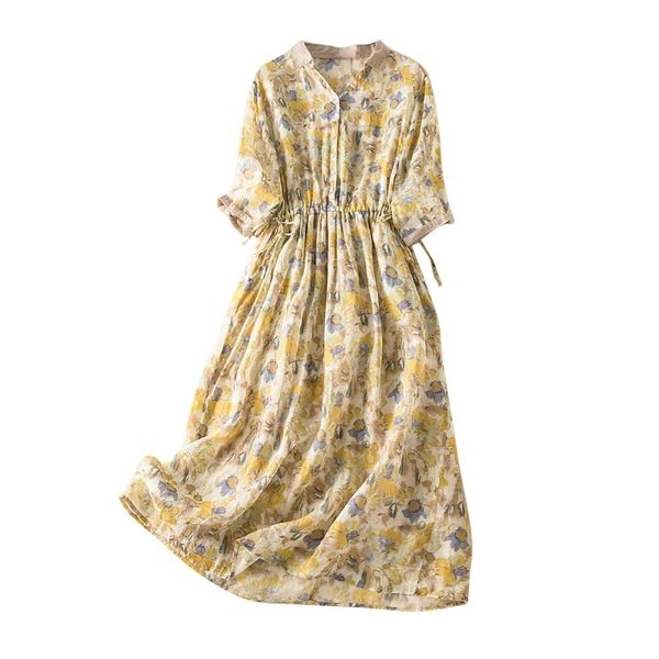 Women Boho Floral Cotton Linen Button Down Shirt Dress with Belt Summer Half Sleeve Lapel Casual Dressy Tunic Dress