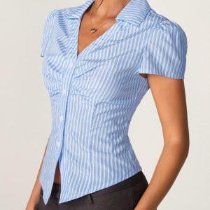 Women's Short Sleeve Blouses Button Down Shirts Business Casual Striped T Shirts Puff Sleeve