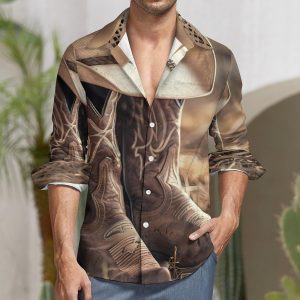 Western Vintage Denim Style Men's Dress Shirts Long Sleeve Golf Shirts Casual Button Down T-Shirt for Athletic Business
