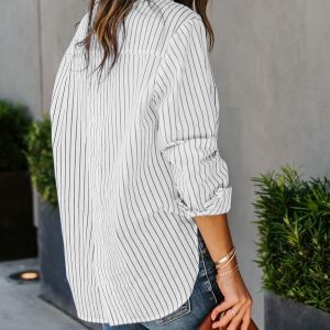 Womens Button Down Shirts Cotton Striped Dress Shirt Long Sleeve Collared Office Work Blouses Tops