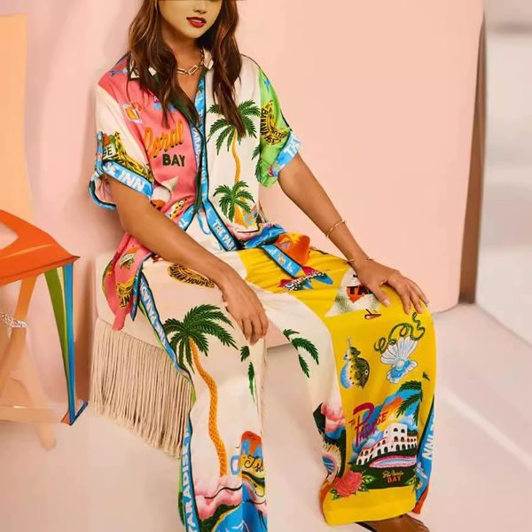 Floral two piece sets for women, Casual Floral Fruit Print Short Sleeve Shirt Wide Leg Pants Hawaii Beach Outfits