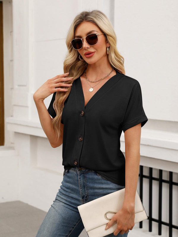 Womens Summer Tops Short Sleeve Button Down Shirts Casual V Neck T Shirts Trendy Tunic Tops