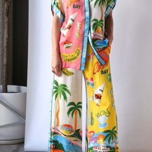 Floral two piece sets for women, Casual Floral Fruit Print Short Sleeve Shirt Wide Leg Pants Hawaii Beach Outfits