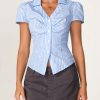 Women's Short Sleeve Blouses Button Down Shirts Business Casual Striped T Shirts Puff Sleeve