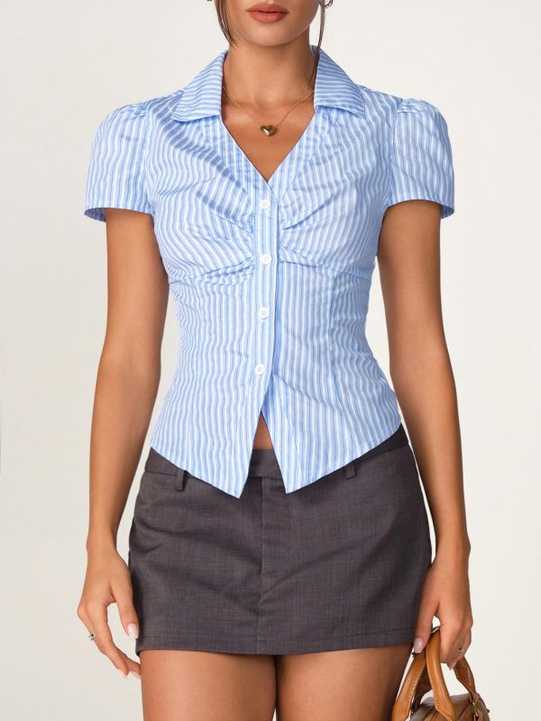 Women's Short Sleeve Blouses Button Down Shirts Business Casual Striped T Shirts Puff Sleeve