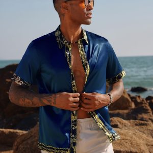 Mens Short Sleeve Button Down Shirts Casual Stretch Satin Silk Hawaiian Beach Shirt