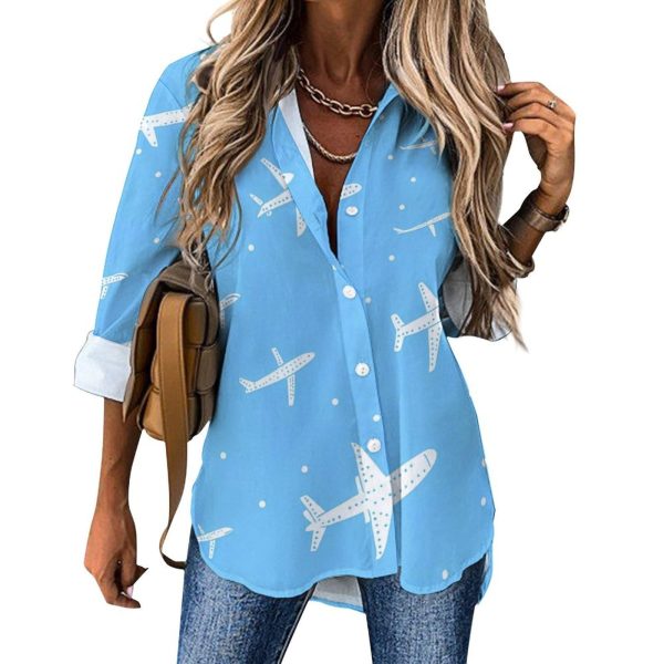 Airplane Print Women's Button Down Shirts Long Sleeve Casual Blouses Tops