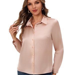 Women's Satin Button Down Shirt, Long Sleeves Silk Dress Shirt, Relaxed Fit Business Casual Silk Top for Work