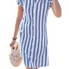Women's Stripes Print Loose Fit Tunic Dress Button Down Casual Shirt Dress Notch Neck Short Sleeve Dress