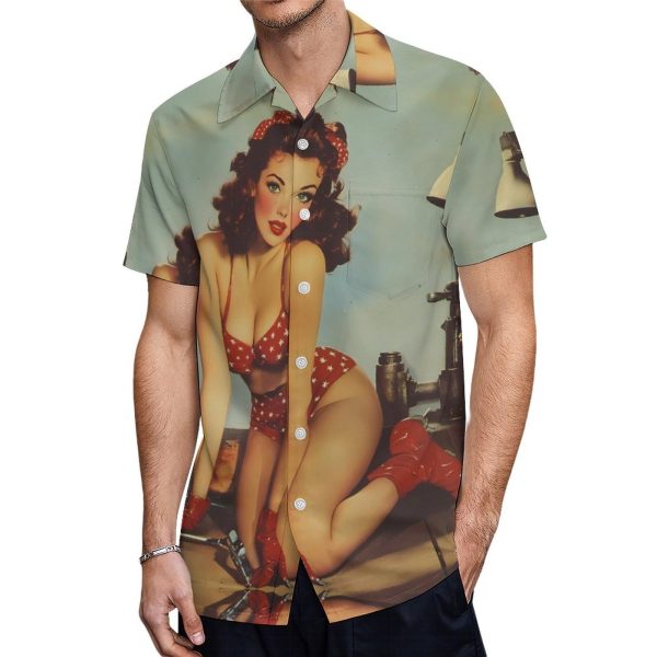 Vintage Sexy Pin-up Fix-it-Women Hawaiian Button Down Shirt Men Casual Short Sleeve Summer Tee Tops