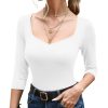 Women's Basic 3/4 Sleeve Shirts Slim Fit Sexy Sweetheart Neckline Top Stretch Tight Solid Color Tees