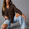 Womens Casual Button Down V Neck Shirts Raglan Long Sleeve Loose Fit Collared Work Blouses Tops with Pocket