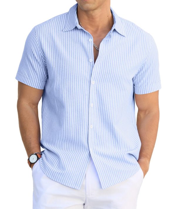 Men's Casual Button Down Shirts Short Sleeve Striped Cotton Beach Summer Vacation Shirt