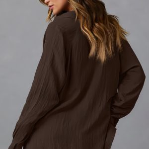 Womens Casual Button Down V Neck Shirts Raglan Long Sleeve Loose Fit Collared Work Blouses Tops with Pocket