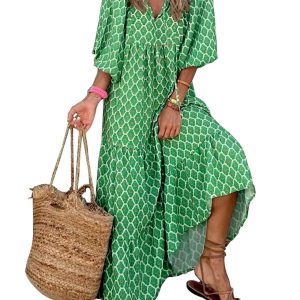 Womens Loose Fit Casual Summer V Neck Half Sleeve Bohemian Geometric Pattern Maxi Long Dresses