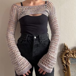 Women Mesh Crochet Crop Top Long Sleeve Hollow Out Cropped Knit Sweater Bikini Beach See Through Cover Ups