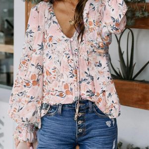 Women's Casual Boho Floral Print V Neck Long Sleeve Drawstring Tops Loose Blouses Button Down Shirts