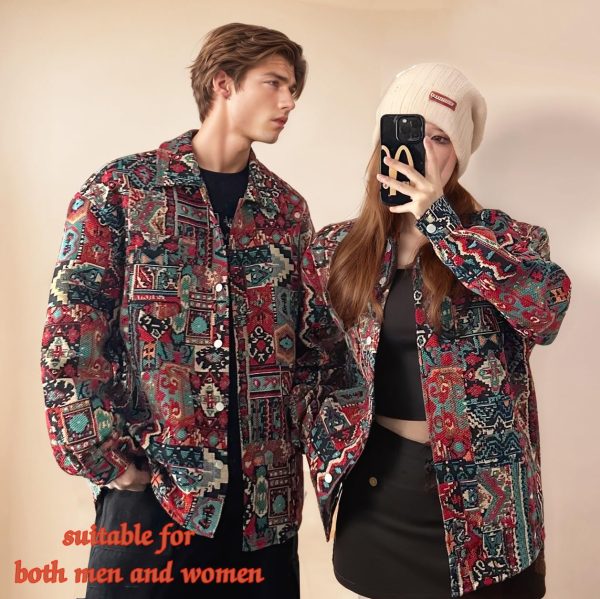 Aztec Shacket Fall Jacket Brocade Jacquard Ethnic Plaid Print Button Down Shirt for Men Women Casual Spring Coat