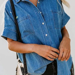 Women's Button Down Denim Shirt Casual Loose Short Sleeve Jean Shirts Tops with Pockets