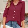 Womens Button Down Shirts V Neck Rolled Up Long Sleeve Tops Elegant Dressy Blouses Business Casual Outfits