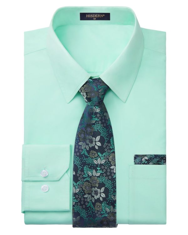 Men's Solid Long Sleeve Dress Shirt with Matching Tie and Handkerchief Set Classic Button Down Formal Business Shirts