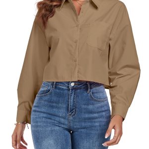 Women's Button Down Shirt Cropped Oversize Boyfriend Long Sleeve Collared Crop Loose Blouses with Pocket