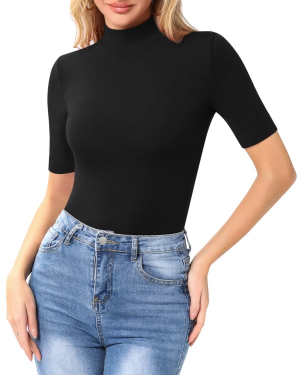 Women's Mock Turtle Neck Slim Fit Half Elbow Short 3/4 Short Long Sleeve T Shirts Tight Tops Tee