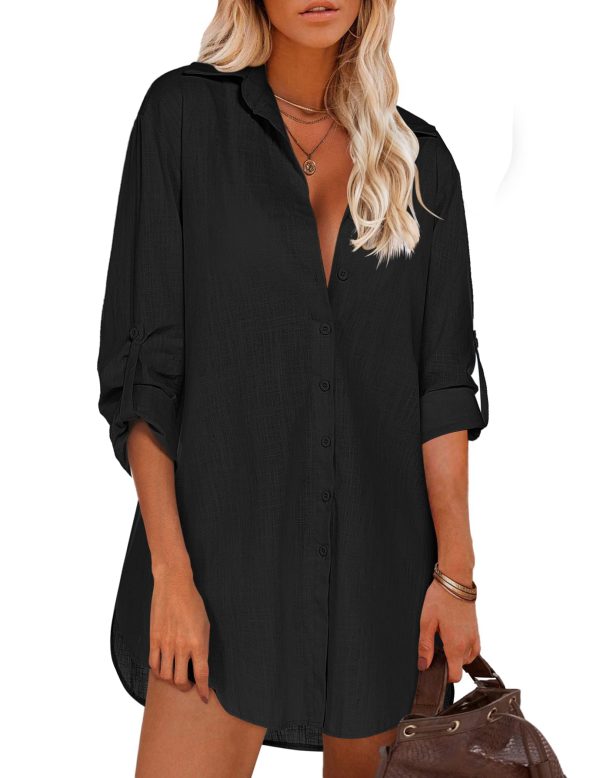 Women Boyfriend Shirts Button Down Long Sleeve Blouse Cuffed Sleeve Collared Shirt