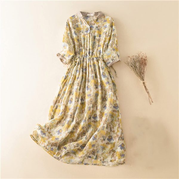 Women Boho Floral Cotton Linen Button Down Shirt Dress with Belt Summer Half Sleeve Lapel Casual Dressy Tunic Dress