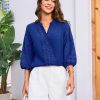 Women's Dressy Casual Tops 3/4 Sleeve Business Work Blouses Hollow Out Embroidery Button Down Shirts