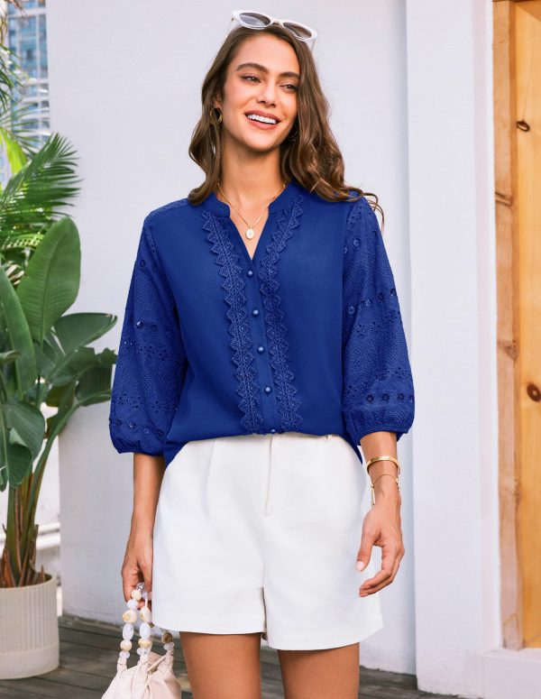 Women's Dressy Casual Tops 3/4 Sleeve Business Work Blouses Hollow Out Embroidery Button Down Shirts