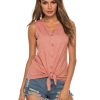 Women's Tie Knot Button Down Shirts Sleeveless Casual Blouse Curved Hemline Tops S-XXL