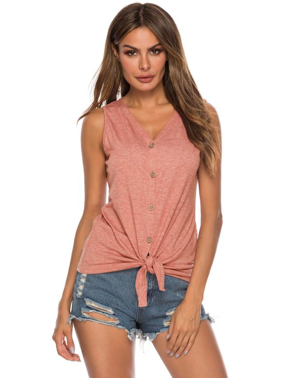 Women's Tie Knot Button Down Shirts Sleeveless Casual Blouse Curved Hemline Tops S-XXL