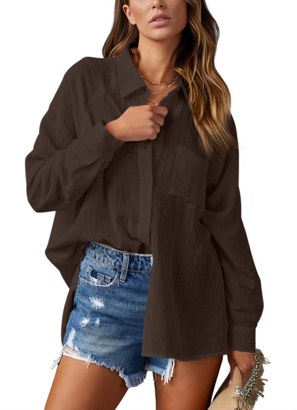 Womens Casual Button Down V Neck Shirts Raglan Long Sleeve Loose Fit Collared Work Blouses Tops with Pocket
