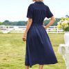 Womens Midi Dress Short Sleeve V Neck Button Front Casual Flowy A-Line Shirt Dresses with Pockets for Summer Spring