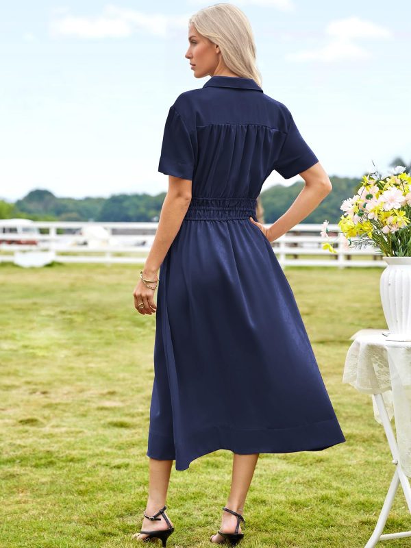 Womens Midi Dress Short Sleeve V Neck Button Front Casual Flowy A-Line Shirt Dresses with Pockets for Summer Spring