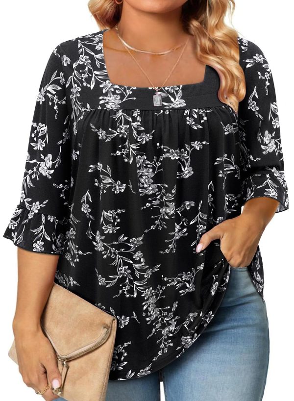 Womens Plus Size Tops Loose Fit 3/4 Ruffle Sleeve Blouses Square Neck T Shirt Casual Tunic Tops(1X-5X)