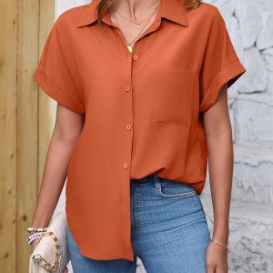 Womens Button Down Shirt Casual Short Sleeve Collared Work Blouse with Pocket