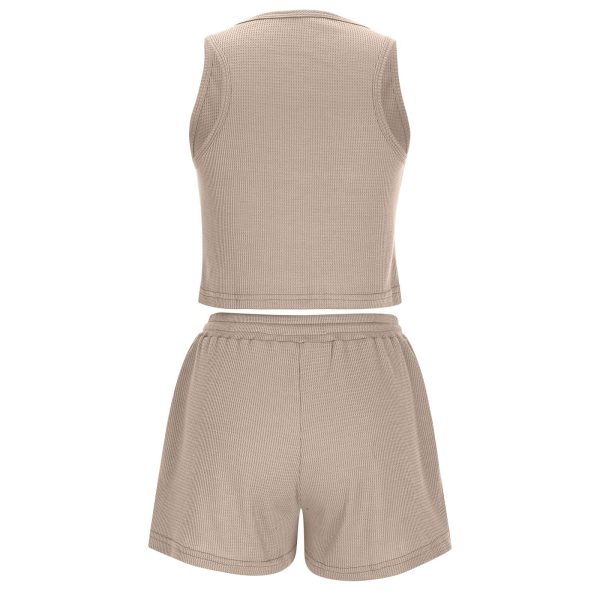 Women Waffle Knit Workout 2 Piece Outfits Sleeveless Cropped Tank Tops and Wide Leg Shorts Lounge Set Tracksuits