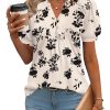Womens Tops Puff Short Sleeve Shirts Dressy Casual Henley V-Neck Summer Tops Pleated T-Shirts Loose Fit Tunic Blouses