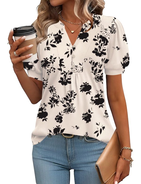 Womens Tops Puff Short Sleeve Shirts Dressy Casual Henley V-Neck Summer Tops Pleated T-Shirts Loose Fit Tunic Blouses