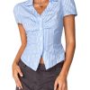 Women's Short Sleeve Blouses Button Down Shirts Business Casual Striped T Shirts Puff Sleeve