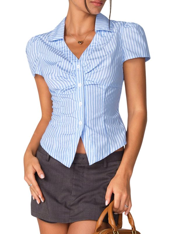Women's Short Sleeve Blouses Button Down Shirts Business Casual Striped T Shirts Puff Sleeve